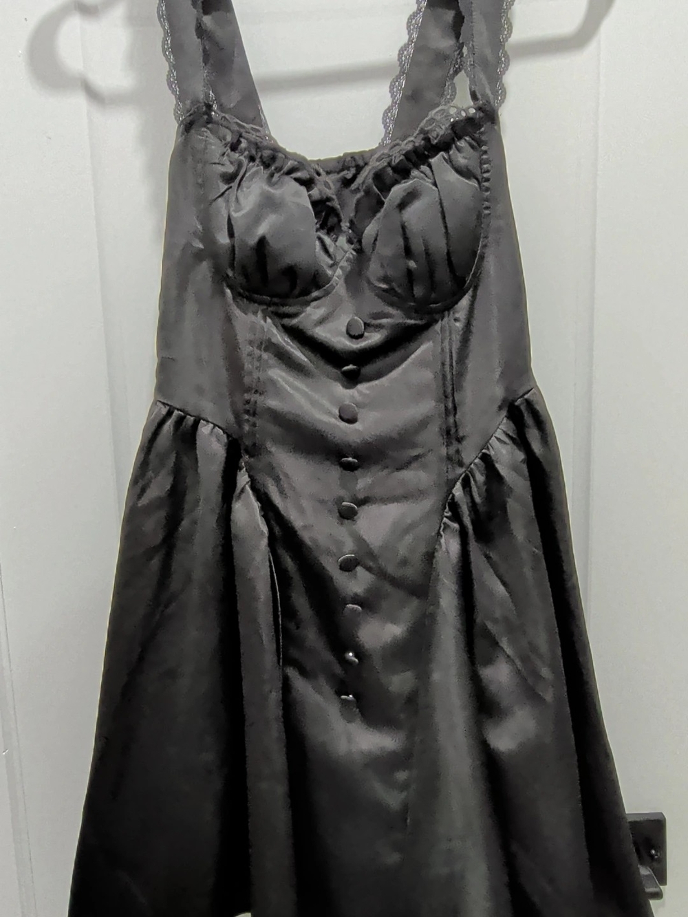 NWT Cider Black Satin Lace Trim Corset Milkmaid Mini Dress